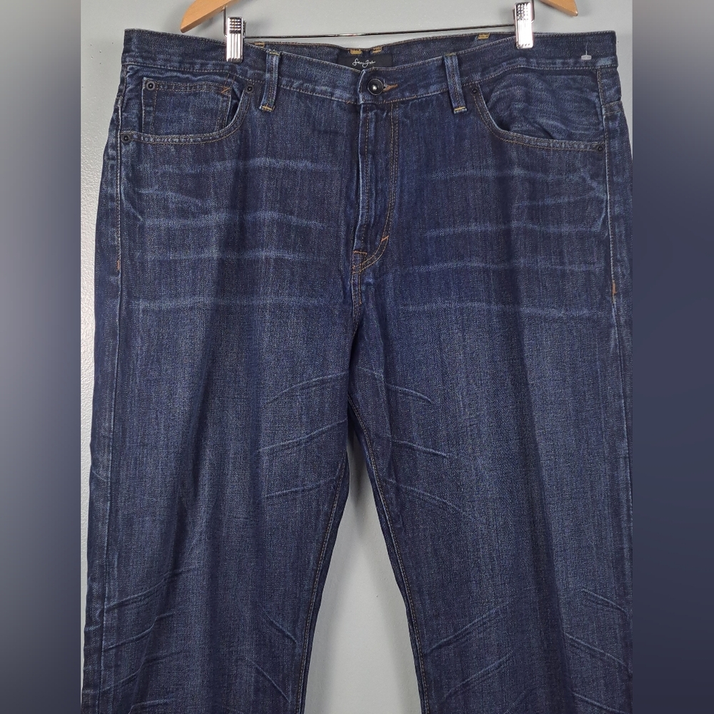 Sean John Men’s Jeans Sz 40 Wow Pattern Relax Fit Blue Denim Leather Trim Pocket